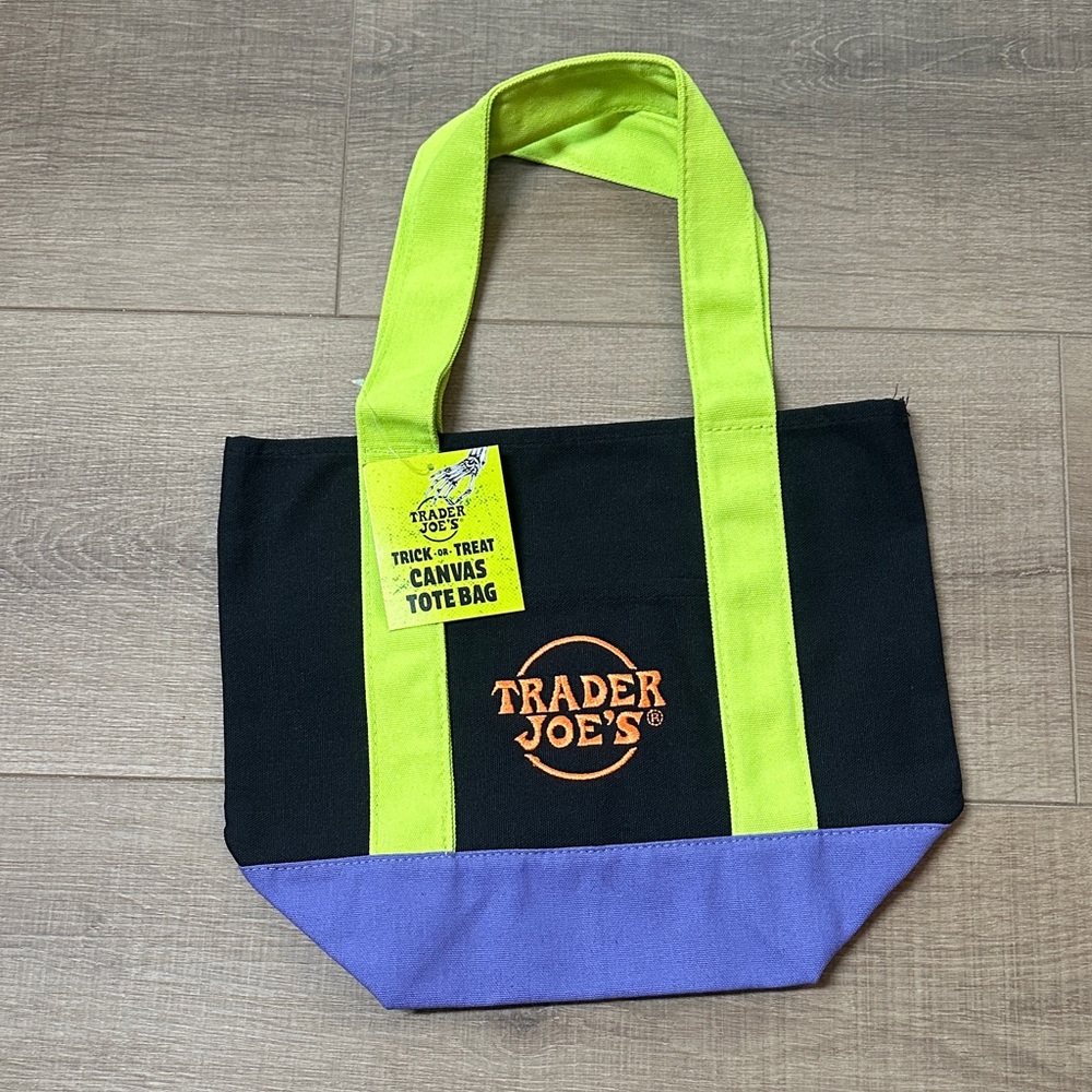 Trader Joe's Black and Purple Canvas Tote Bag